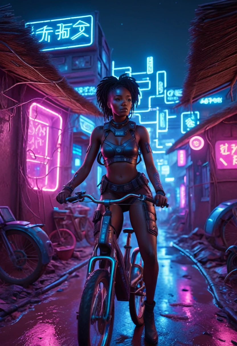 African woman riding a sci-fi bicycle in a futuristic cyberpunk African village, night time with neon lit buildings and futuristic clay huts creating a cinematic lighting, 32k, ultra HD, unreal engine rendered, highly detailed images 