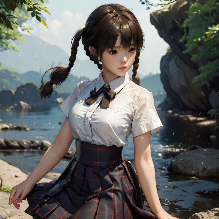 ((ultra detailed, masterpiece, absurdres)) DOALeiFang, 1girl, brown hair, brown eyes, twin braids, hair rings, portrait , steam , rain , plaid skirt , pleated skirt , Tight shirt , white Shirt , school girl , red bow , red knot ,