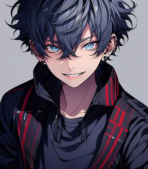 ((highest quality)), ((masterpiece)), ((detailed)), １people,beautiful youth, blue hair, short hair, blue eyes, cool eyes, long-t...