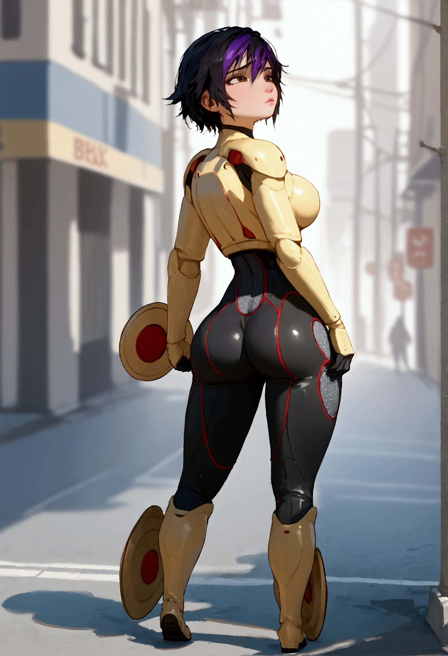 score_9, score_8_up, score_7_up, score_9, BREAK, 1girl,big breasts, score_9, score_8_up, score_7_up, BREAK, gogotomago, 1girl, solo, short hair, simple background, black hair, brown eyes, purple hair, boots, yellow bodysuit, helmet, cowboy shot, street background, wide hips, medium breasts, detailed, black bodysuit, from behind, ass,