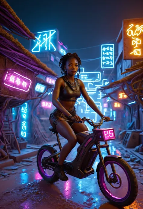 african woman riding a sci-fi bicycle at high speed in a futuristic cyberpunk african village, night time with neon lit building...