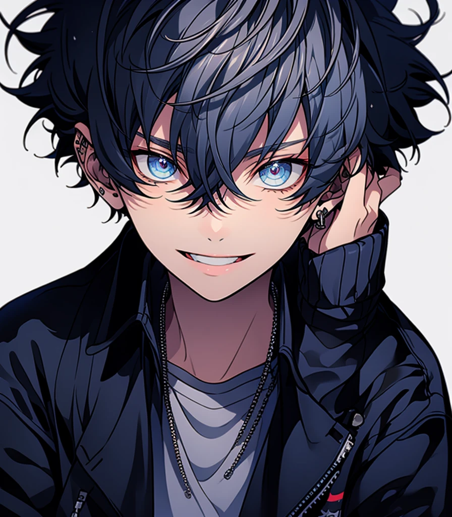 ((Highest quality)), ((masterpiece)), ((detailed)), １people,Beautiful youth, Blue Hair, short hair, blue eyes, Cool eyes, Long-term , Biceps,Black clothes,smile,Upper Body,No text