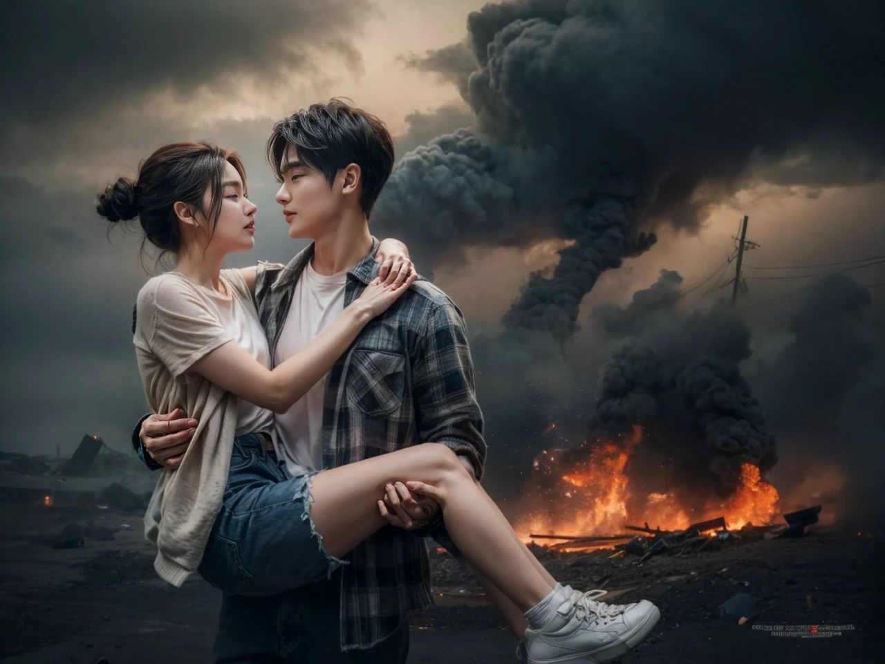 A captivating aerial portrait of a young Korean couple, one man and one woman, in a romantic and dramatic scene. The man confidently wears a flannel shirt and white T-shirt, while the woman gazes into his eyes with a mix of love and desire. They share a tender, romantic lift hug, standing tall against the backdrop of a somber and foreboding scene. Dark clouds loom overhead, and ominous structures cast dramatic shadows. A tragic event unfolds in the distance, with flickering flames of orange and red illuminating the gloomy atmosphere. The composition masterfully captures the intricate details of their attire and the intensity of their connection. The photograph exudes a cinematic quality, immortalizing a poignant and emotional moment in time.