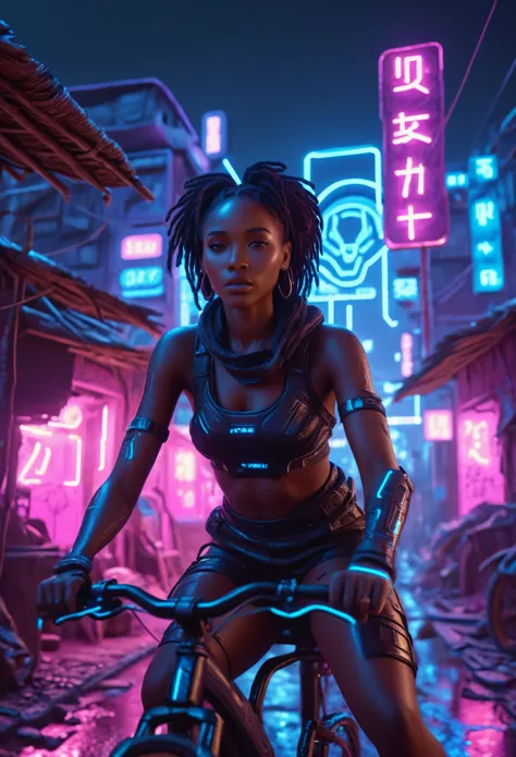 african woman riding a sci-fi bicycle in a futuristic cyberpunk african village, night time with neon lit buildings and futurist...