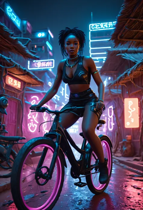 african woman riding a sci-fi bicycle at high speed in a futuristic cyberpunk african village, night time with neon lit building...