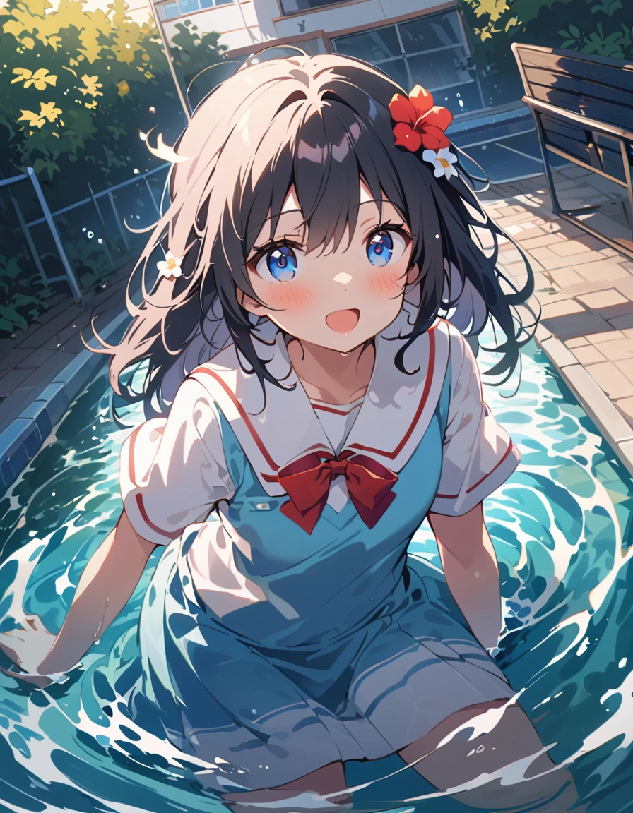 score_9, score_8_up, score_7_up, source_アニメ, masterpiece, 1girl, watahana, blue eyes, hair ornament, hair flower, school outfit, blue dress, sailor dress, white sailor collar, red bow, outdoor, school yard, field, cowboy shot, looking at viewer, indoors, open mouth, Black Hair、Shiny Hair, Highest quality、A girl is enjoying playing in the water、A splash goes up、Skirt fully open、Long wide skirt、cute、White underwear、blush、Watery eye、Lots of water、Wet、((Wind power increase))、The skirt floats on the water、(drowning water)、(Underwater Shot Of The Swimming pool)、sunlight reflects on the water surface, Make it sparkle、Her smile grows even more。With the soothing sound of the waves、Summer fun unfolds。The scene was、Beautiful as a picture。