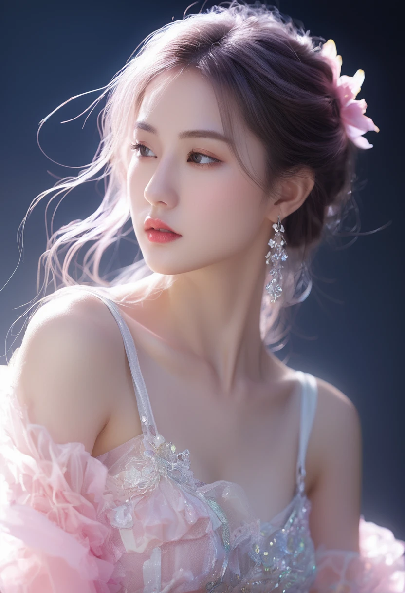 ((Jewel_Light element)), (Translucent luminous body_Wearing a pink and white mixed frilly blouse), (Girl made of light: 1.2, Long wavy hairstyle with delicate features and light: 1.3), (Minimalism: 0.5), (front view close-up angle: 1.3), 4K, HDR, acid graphics, fantasy work, [detailed and vivid face: 0.33], (white translucent shining body and hair: 1.3), beautiful woman shining with silhouette outline, revealing understated elegance ... A calm and dignified atmosphere provides a subtle sense of luxury..... Gray soft texture, stylish pose, fluorescence, glowing tattoo, bioluminescence tattoo, and glowing pattern.