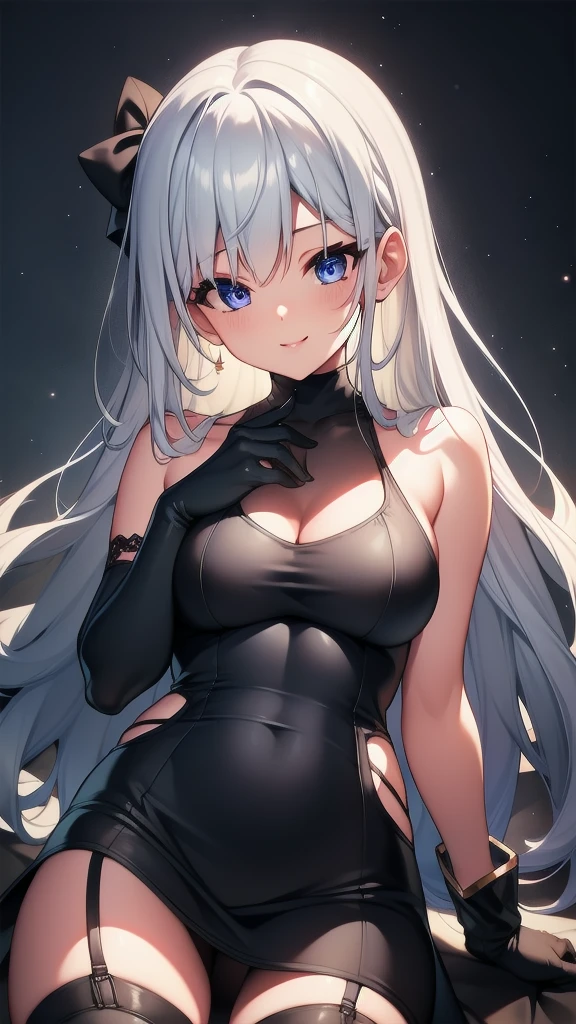 masterpiece, best quality, 1 solo girl, silver hair, blue eyes, long hair, medium breasts, sexy body and face, wavy hair, smile, parted lips, gradient clothes, dress, elbow gloves, sleeveless, bare shoulders, cape, boots, bracelet, sleeveless dress, ribbon, black gloves, turtleneck, short dress, pantyhose, black footwear, night, sexy pose, cowboy shots, detailed body, face, and eyes, sharp focus, vibrant, creative, dynamic, high definition, high resolution, 8k, (Upscale: R-ESRGAN 4x+ Anime6mage enchance:4x), voluptuous body, cinema lightning, dakimakura style, looking at the viewer,