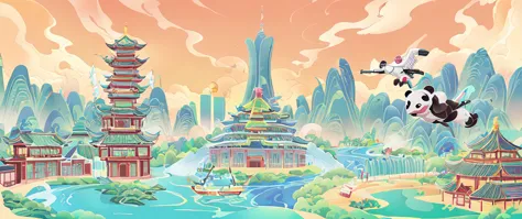 cartoon illustration of a panda flying over the city，minimalist style，buildings and river in the city, chengdu, stylized digital...