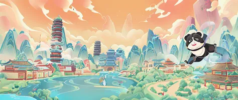Cartoon illustration of a panda flying over the city，Minimalist style，Buildings and river in the city, Chengdu, Stylized digital...