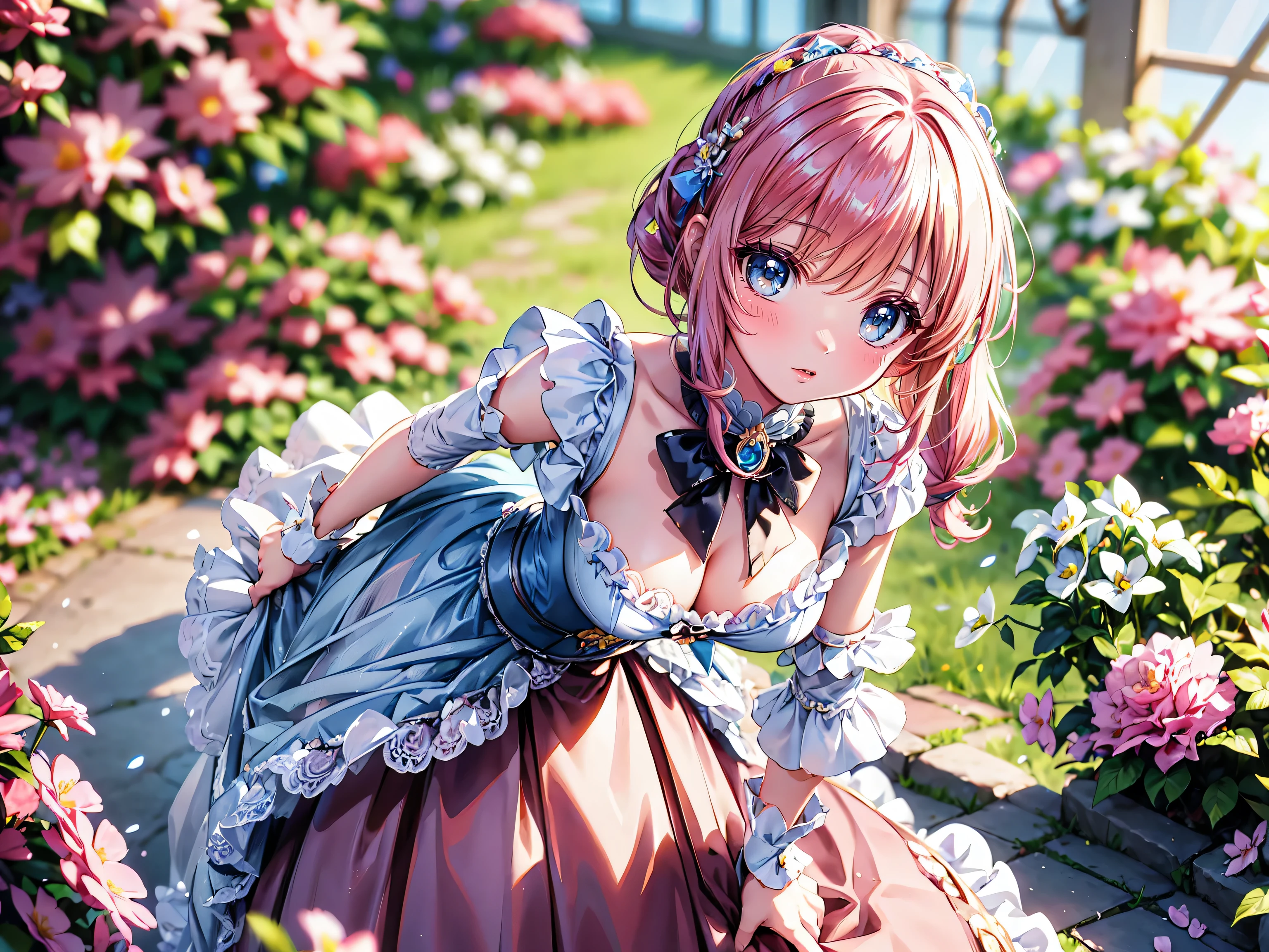 ((Masterpiece, ultra detailed, exquisite quality)), (anime moe art style:1.3), (((young face solo princess))), (((incredibly cute rococo victorian gown with long hems, voluminous princess style skirt, elaborate lace gown))), (huge breasts), breasts cleavage, ((hair pink hair)), ((fluffy long Expressive ponytail)), (leaning forward, looking up, from above, front view, facing at viewer:2), kawaii face, head tilt, shy smile, (face focus, eyes focus, blurry background, depth of field:2), (isometric 3D, octane render, ray tracing:1.5), backlighting, particle effect, (hyper detail delicate eyes, hyper beautiful eyes), (eyes blue eyes), (lot's of colorful flowers, sparkling glass classic greenhouse:1.5),