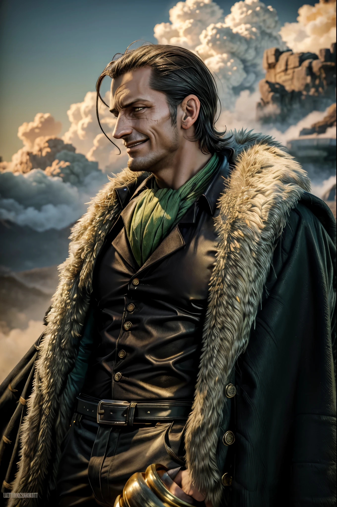 masterpiece, best quality, extremely detailed, hyperrealistic, photorealistic, a cool 40s man, ultra detailed face:1.3, fur-trimmed coat, scarf around the neck, his left hand is a golden pirate hook:1.1, sly smile, from distance:1.1, the scene of the city with a lot of white clouds, giant green vine:1.3, above the clouds:1.1, dynamic angle
