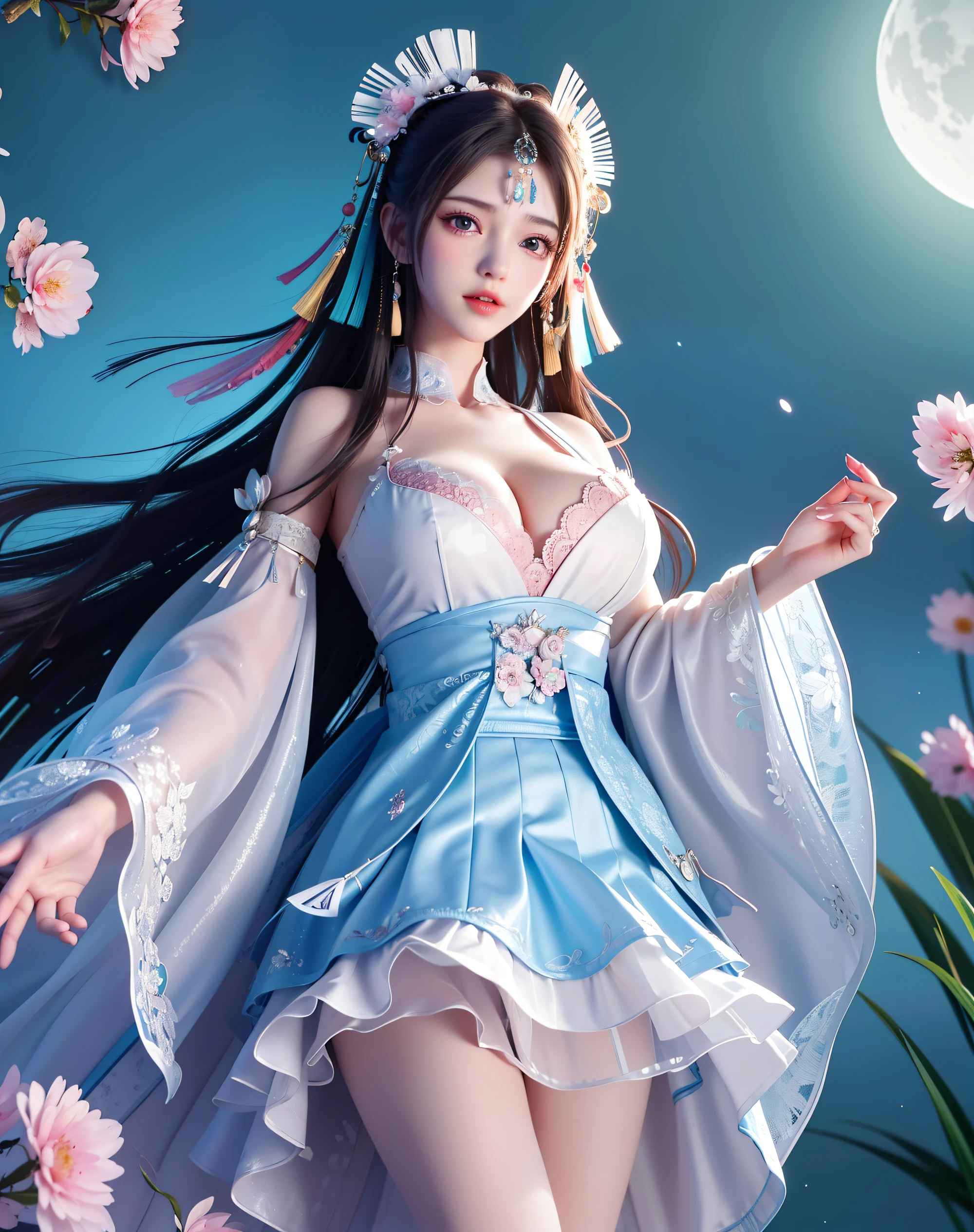 (8k, RAW photo:1.2), best quality, ultra high res,dramatic angle,(fluttered detailed color splashs), (illustration),(((1 girl))),(long hair),(rain:0.9), (Headdress:1.4),There is an ancient palace beside the girl,Hanfu,(Key Points),Color ink painting,(Splash of Color),Splash of Color,(((colorful))),(sketch:0.8) , Masterpiece, best quality, beautiful painted, highly detailed,(denoising:0.6),[splash ink],((ink refraction)), (beautiful detailed sky),moon,highly,detaild,(masterpiece, best quality, extremely detailed） CG Unity 8k Wallpaper，masterpiece，best quality，Ultra Detailed），（Lycoris）.shoulder ballet dress open V-chested clothes Thin silk lace dress short skirt , (huge ，cleavage),, white pink, blue ，best qualtiy，tmasterpiece，Ultra-high resolution，（Reality：1.4），RAW photogr，（True skin texture：1.3），（filmgrain：1.3），（Selfie angle），1个Giant Breast Girl，Beautiful eye and face details，tmasterpiece，Best quality at best，，The chest more exposed， detailed hair, bra pink , detail 8k, full body, lace petticoat. lying on bed