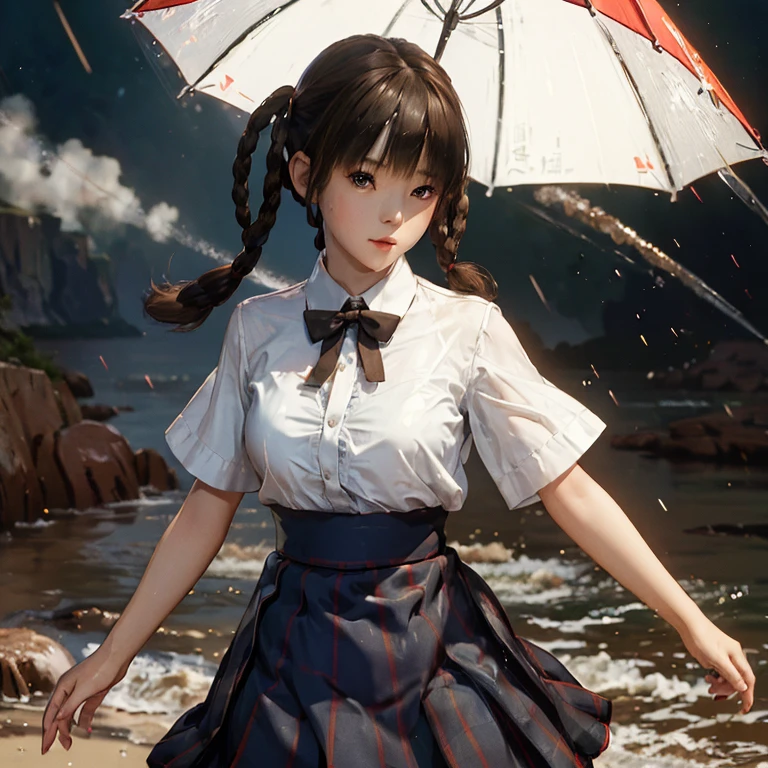 ((ultra detailed, masterpiece, absurdres)) DOALeiFang, 1girl, brown hair, brown eyes, twin braids, hair rings, portrait , steam , rain , plaid skirt , pleated skirt , Tight shirt , white Shirt , school girl , red bow , red knot ,