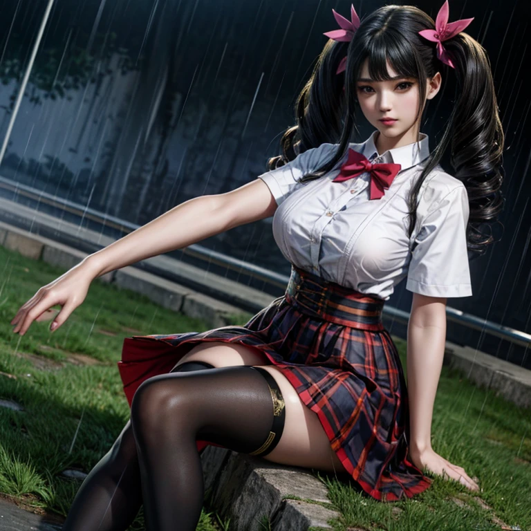 LingX,black hair,twintails,brown eyes,hair ornament, pantyhose (insanely detailed, masterpiece, best quality),solo, steam , rain , plaid skirt , pleated skirt , Tight shirt , white Shirt , school girl , red bow , red knot ,