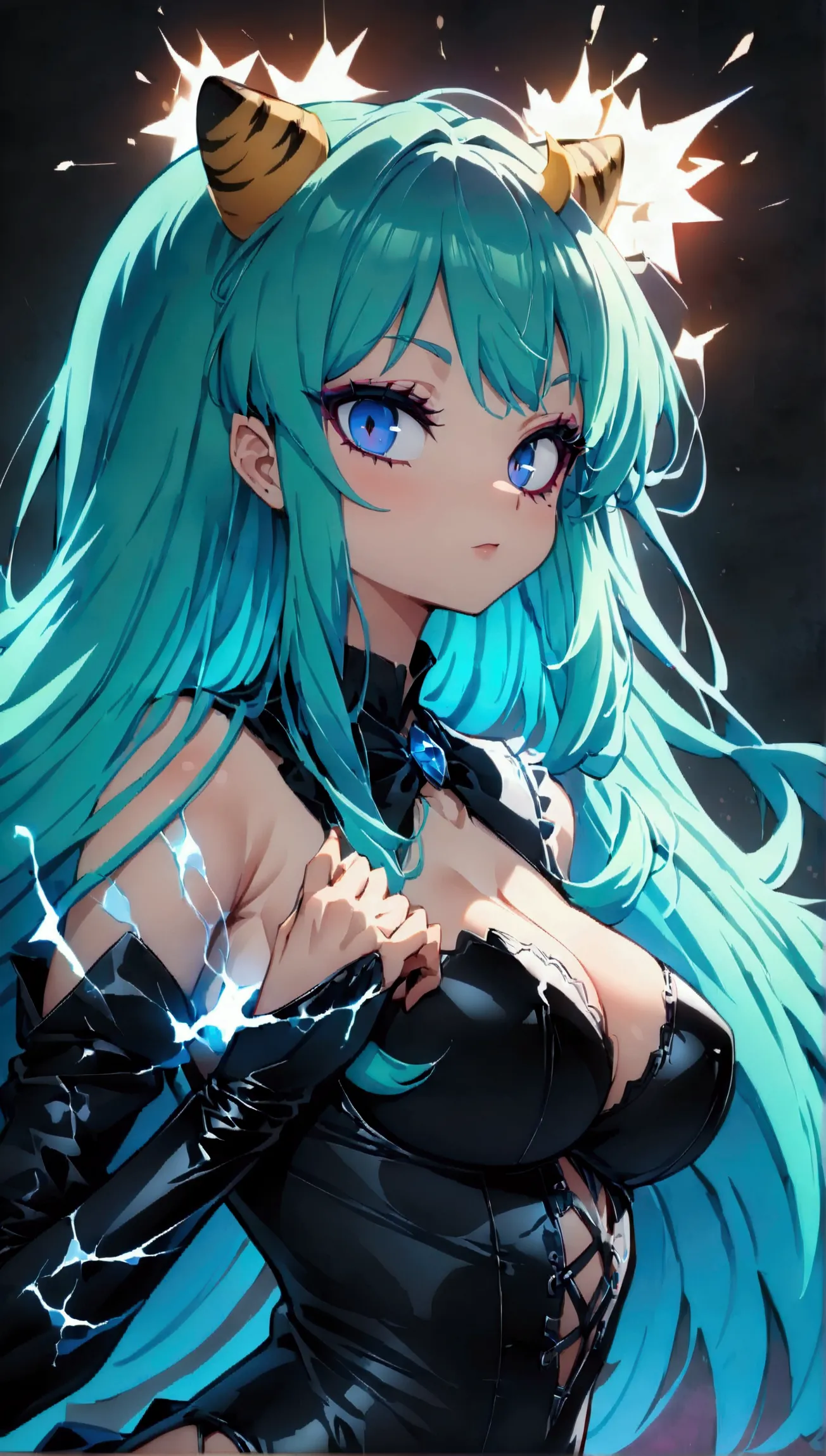 lum, 1girl, long hair, tiny horns, (two-tone hair, green hair, aqua hair:1.1), bangs, blue eyes, eyeshadow, solo, thick lineart,...