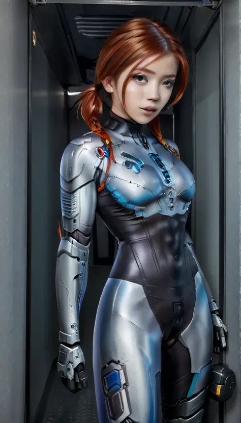 1 girl、medium bust、solo、red hair、braid、mobile race suit、shoulder armor、ceiling、wide shot、looking ahead、zipup suit 、closed mouth、...