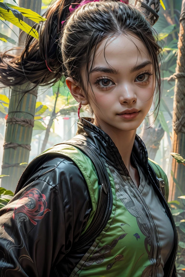 Fondo del bosque de bambú，Una mirada de determinación，renderizado de octanaje vivo y colorido, cibernético y muy detallado, loba andrade de apex legends, creado en motor irreal 5, hecho en irreal motor 5, Tendencias en Unreal Engine 5, Retratos antiguos, Renderizado de 8k octanos de estilo de fantasía de artes marciales, renderizado en irreal 5, renderizado en alto octanaje