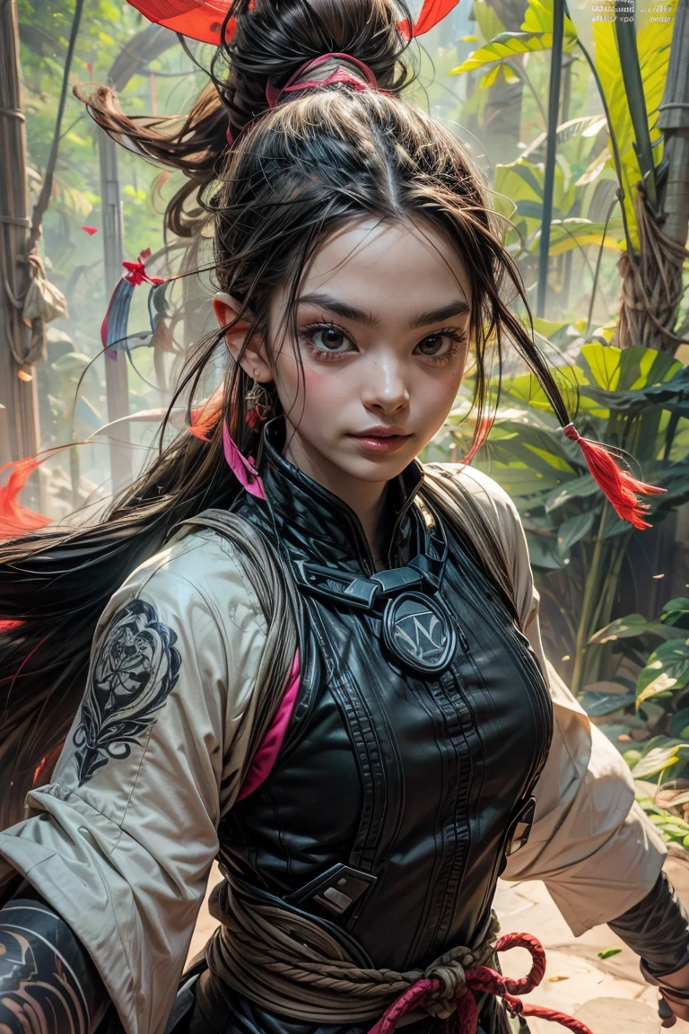 Fondo del bosque de bambú，Una mirada de determinación，renderizado de octanaje vivo y colorido, cibernético y muy detallado, loba andrade de apex legends, creado en motor irreal 5, hecho en irreal motor 5, Tendencias en Unreal Engine 5, Retratos antiguos, Renderizado de 8k octanos de estilo de fantasía de artes marciales, renderizado en irreal 5, renderizado en alto octanaje