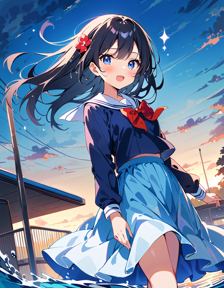 score_9, score_8_up, score_7_up, source_アニメ, masterpiece, 1girl, watahana, blue eyes, hair ornament, hair flower, school outfit, blue dress, sailor dress, white sailor collar, red bow, outdoor, school yard, field, cowboy shot, looking at viewer, indoors, open mouth, Black Hair、Shiny Hair, Highest quality、A girl is enjoying playing in the water、A splash goes up、Skirt fully open、Long wide skirt、cute、White underwear、blush、Watery eye、Lots of water、Wet、((Wind power increase))、The skirt floats on the water、(drowning water)、(Underwater Shot Of The Swimming pool)、sunlight reflects on the water surface, Make it sparkle