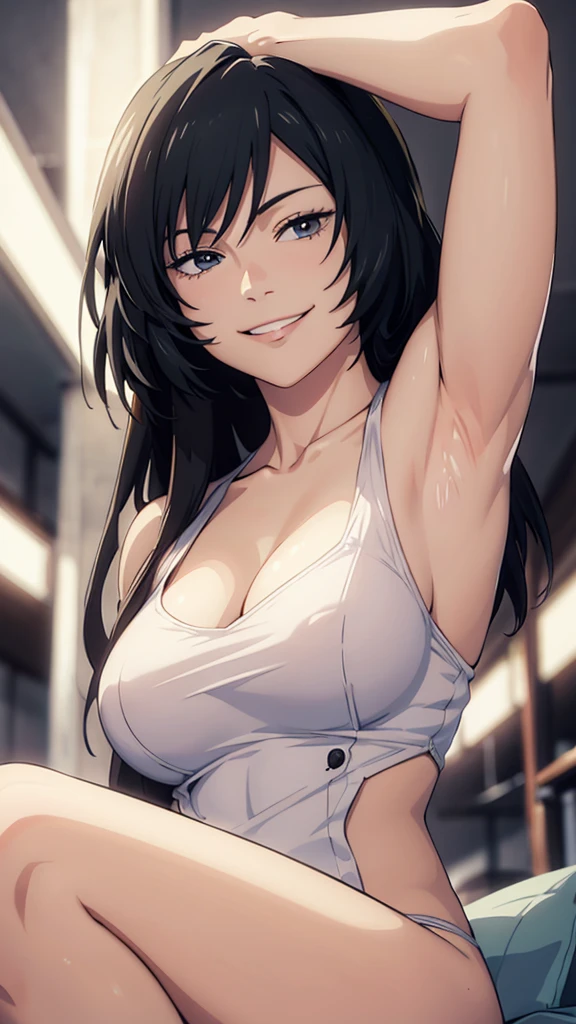 Mai, Portrait, masterpiece, 8k, ultra high quality, ultra realistic, ultra high definition, anime art, smiling, cute, seductive, armpits visible