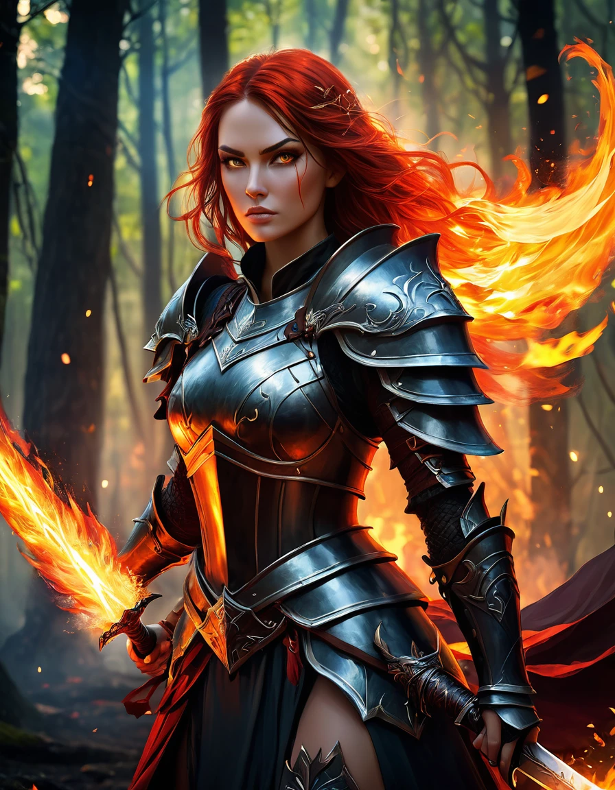 Una mujer con armadura, una espada y fuego en su mano, ella tiene poderes de fuego, mujer berserker muy hermosa, estilo de arte de fantasía épica, fuego, brujería, blindado, Mago de fuego, arte de personajes de fantasía épica, Ian J., estilo de arte de fantasía épica hd, arte de fantasía oscura, hechicera malvada del fuego en el bosque, fuego окружает ее, estilo de fantasía épica