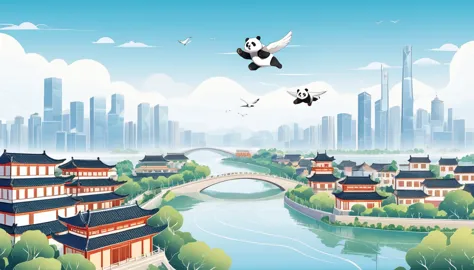 cartoon illustration of a panda flying over the city，minimalist style，buildings and river in the city, chengdu, stylized digital...