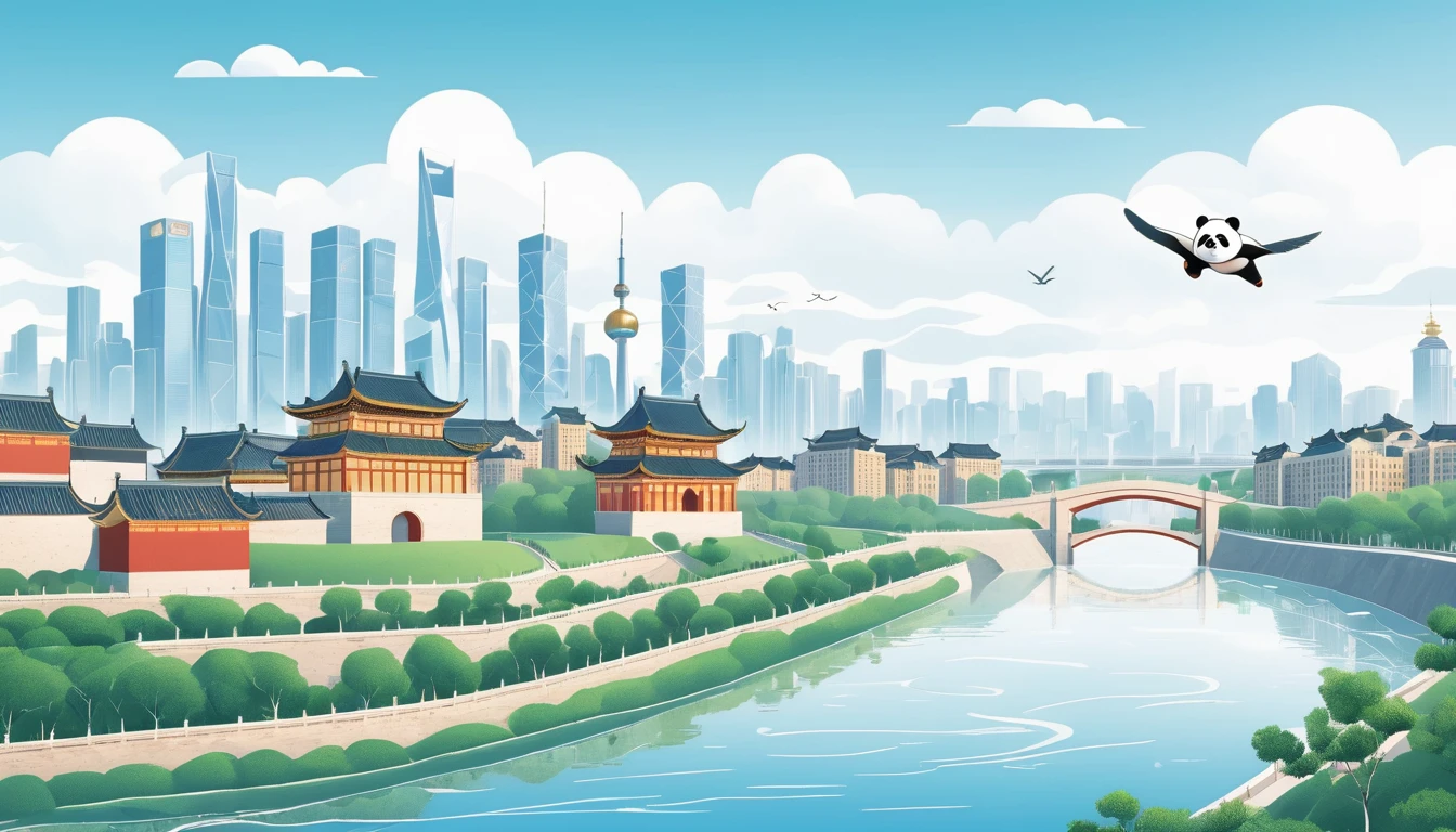 Cartoon illustration of a panda flying over the city，Minimalist style，Buildings and river in the city, Chengdu, Stylized digital illustration, Chengdu传统城市, 大City background, Chengdu城市, Chengdu, Background Artwork, Chengdu, gta chinatowon art style, City in the background, Anime style cityscape, City background, Vector Art, City view during the day, 幻想City background