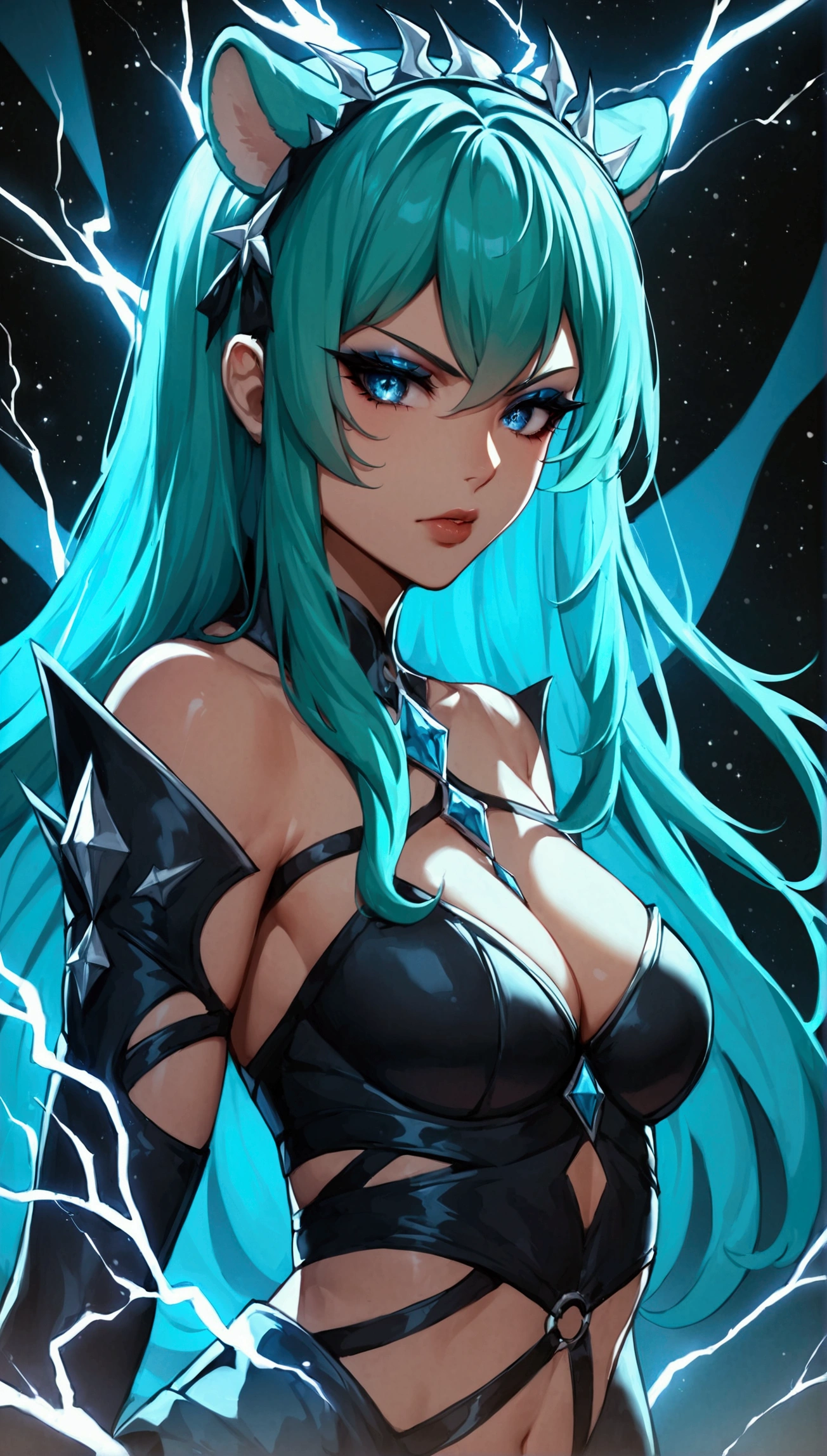 lum, 1girl, long hair, tiny horns, (two-tone hair, green hair, aqua hair:1.1), bangs, blue eyes, eyeshadow, Solo, thick lineart, Diamond aura, symmetrical, slender, blue fingers with sparks and electricity, long tiger-stripped latex gloves, tiger-stripped thigh boots, tiger-stripped leather thigh boots, long legs, dominatrix pose, dark cosmic background, gothic lolita dress, detmore, (masterpiece:1.4), (highest quality:1.2), (ultra detailed:1.3), High resolution, extremely detailed, unity 8k wallpaper, intricate details, absurdity, Sparkling, score_7_up, score_8_up, score_9_up, anime coloring, source_anime, скалит зубы, очень недовольная, JK, a ferocious angry girl, beautiful detailed eyes, beautiful detailed lips, extremely detailed eyes and face, long eyelashes, sharp teeth baring, dramatic angry expression, dark brooding atmosphere, dramatic lighting, dark fantasy, digital painting, cinematic, moody colors, rich textures, 8k, highres,