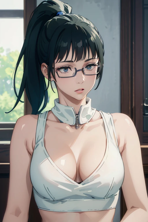 masterpiece, best quality, NSFW, 1girl, glasses, ponytail, white crop top, cleavage, detailed eyes, detailed facial features, realistic and high resolution (best quality, 4k, 8k, highres, masterpiece:1.2)