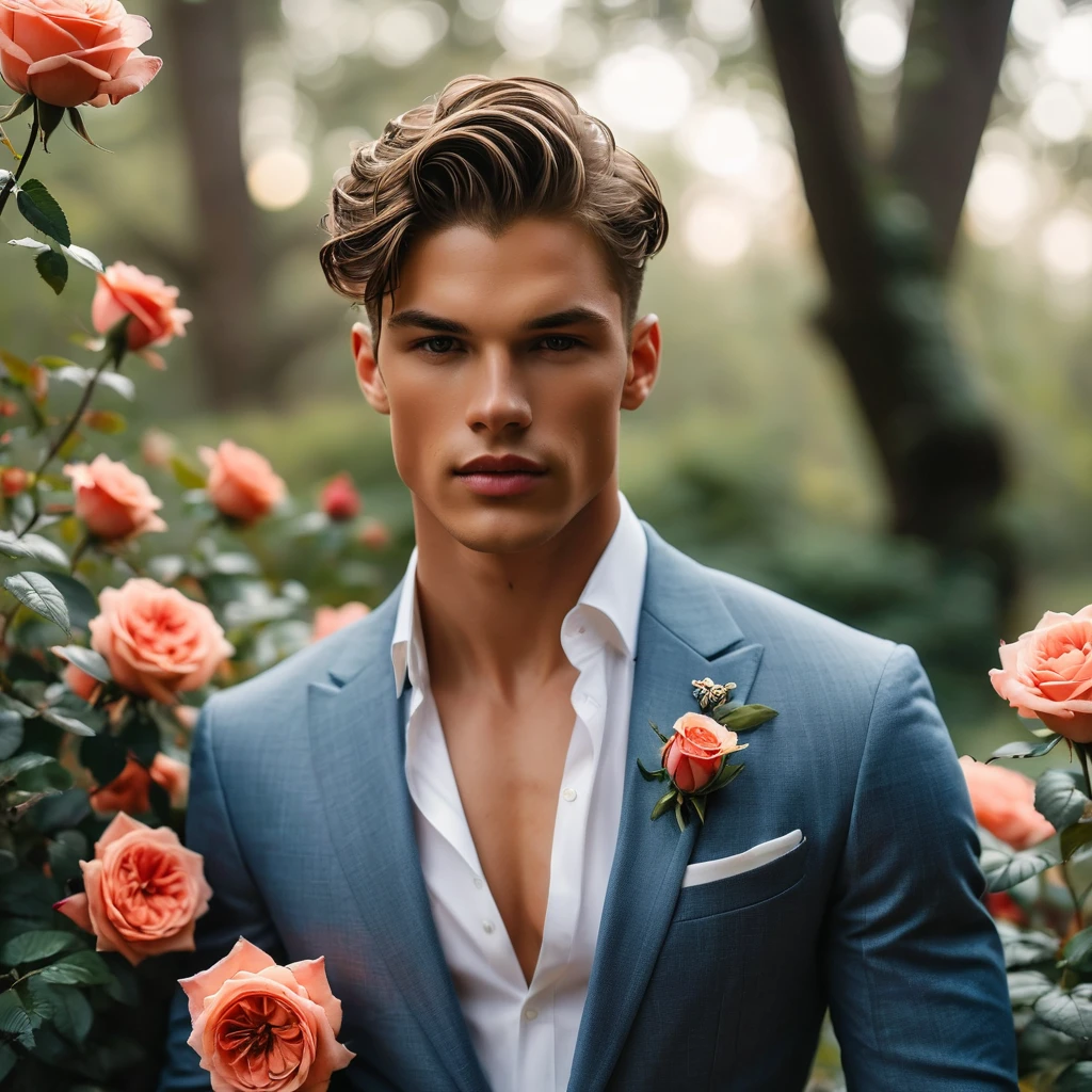 Create an image of a young man inspired by the characteristics of the rose 'The Prince.' He standing with a relaxed yet confident posture, against a red rose bush. naked body, wear a Jockstrap, thick cock line, (bulge focus), with robe adorned with tattoo intricate subtle thorn-like details and multi-petaled structure of the rose, with layers and textures that add depth to his appearance. The composition should center on the young man, with a slight off-center placement to draw the eye towards him while still incorporating of garden background. The lighting should be soft and diffused, with golden-hour sunlight filtering through the leaves, creating a warm, inviting atmosphere. Use a shallow depth of field to keep the focus on the subject while gently blurring the background, enhancing the dreamy, almost ethereal quality of the scene. The environment should be a well-tended garden, with blooming roses that match the man's attire, creating a harmonious blend between the subject and his surroundings. The atmosphere should be serene and regal, with a hint of mystery and romance. Photography techniques should include a low-angle shot to emphasize the young man's stature and elegance, and a slight tilt to add a dynamic element to the composition. Use a full-frame DSLR or mirrorless camera, such as a Canon EOS R7 paired with a prime lens like an 85mm f/1.4 to achieve a beautiful bokeh effect and sharp subject focus. by Tim Walker known for his fantastical and richly detailed fashion photography, which often features elements of nature and a dreamlike Hight quality,