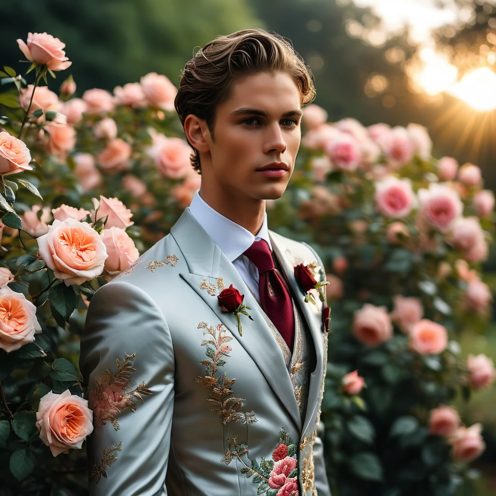 Create an image of a young man inspired by the characteristics of the rose 'The Prince.' He standing with a relaxed yet confident posture, against a red rose bush. naked body, wear a Jockstrap, thick cock line, (bulge focus), with robe adorned with tattoo intricate subtle thorn-like details and multi-petaled structure of the rose, with layers and textures that add depth to his appearance. The composition should center on the young man, with a slight off-center placement to draw the eye towards him while still incorporating of garden background. The lighting should be soft and diffused, with golden-hour sunlight filtering through the leaves, creating a warm, inviting atmosphere. Use a shallow depth of field to keep the focus on the subject while gently blurring the background, enhancing the dreamy, almost ethereal quality of the scene. The environment should be a well-tended garden, with blooming roses that match the man's attire, creating a harmonious blend between the subject and his surroundings. The atmosphere should be serene and regal, with a hint of mystery and romance. Photography techniques should include a low-angle shot to emphasize the young man's stature and elegance, and a slight tilt to add a dynamic element to the composition. Use a full-frame DSLR or mirrorless camera, such as a Canon EOS R7 paired with a prime lens like an 85mm f/1.4 to achieve a beautiful bokeh effect and sharp subject focus. by Tim Walker known for his fantastical and richly detailed fashion photography, which often features elements of nature and a dreamlike Hight quality,