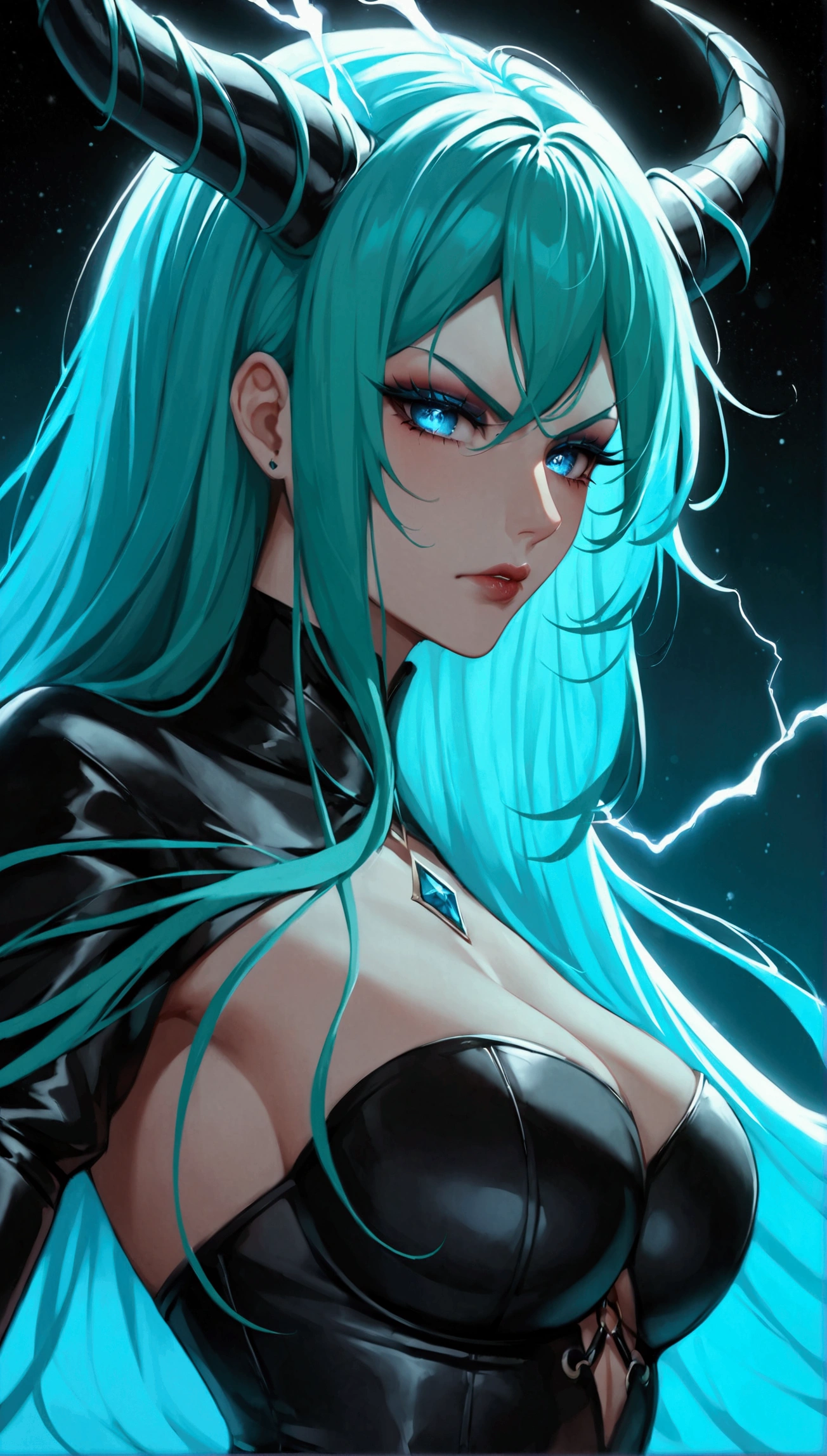 lum, 1girl, long hair, horns, (two-tone hair, green hair, aqua hair:1.1), bangs, blue eyes, eyeshadow, Solo, thick lineart, Diamond aura, symmetrical, slender, blue fingers with sparks and electricity, long latex gloves, thigh boots, leather thigh boots, long legs, dominatrix pose, dark cosmic background, gothic lolita dress, detmore, (masterpiece:1.4), (highest quality:1.2), (ultra detailed:1.3), High resolution, extremely detailed, unity 8k wallpaper, intricate details, absurdity, Sparkling, score_7_up, score_8_up, score_9_up, anime coloring, source_anime, скалит зубы, очень недовольная, JK, a ferocious angry girl, beautiful detailed eyes, beautiful detailed lips, extremely detailed eyes and face, long eyelashes, sharp teeth baring, dramatic angry expression, dark brooding atmosphere, dramatic lighting, dark fantasy, digital painting, cinematic, moody colors, rich textures, 8k, highres,