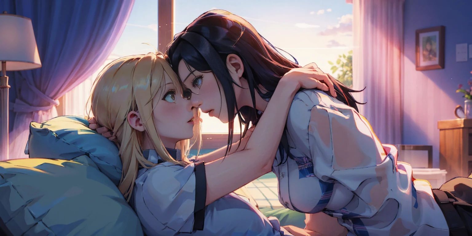 forehead-to-forehead, 2girls, yuri