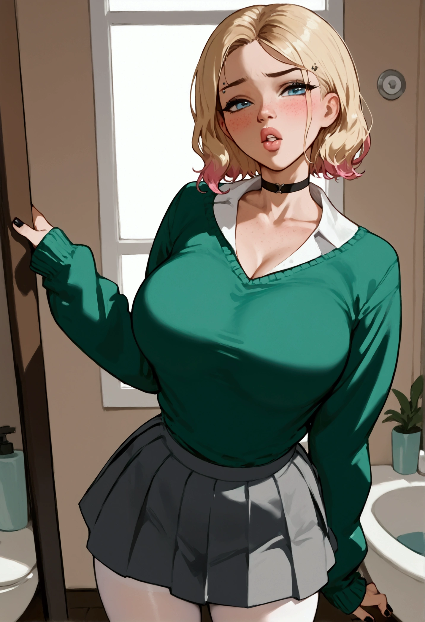 score_9, score_8_up, score_7_up, score_9, BREAK, GwenstacySDXL, 1girl,big breasts, solo, looking at viewer, blush, short hair, blue eyes, skirt, blonde hair, shirt, long sleeves, standing, collarbone, pantyhose, cowboy shot, pleated skirt, teeth, choker, collared shirt, indoors, miniskirt, medium hair, nail polish, sweater, lips, sleeves past wrists, makeup, piercing, black nails, grey skirt, freckles, white pantyhose, bathroom, green sweater, eyebrow piercing, thick lips