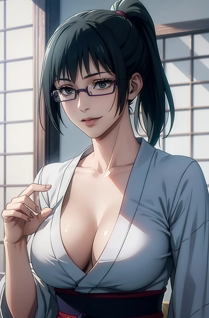 1girl, mikasa ackerman, (black hair:1.3), Hair bangs, ponytail hair, gray eyes, lips, glasses,best quality, masterpiece, best work, (wearing blue kimono), (japanese room),  night time, huge_breasts, cowboy_shot, looking_at_viewer, light smile, great detailed, professional work, sharp focus, soft lighting, greatest work, outstanding quality, ((beautiful eyes)), (mature women), mature body, best quality, ((best quality, masterpiece)), best of best, aot style, show cleavage