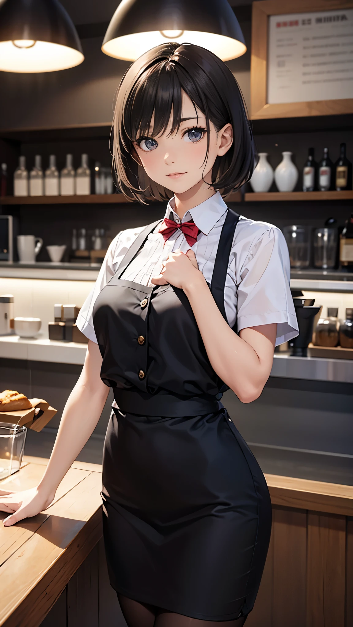 (masterpiece:1.2),(Highest quality),(Very detailed),(High resolution),(Photorealistic Stick),(RAW Photos),8K,Cinema Lighting,(Written boundary depth),(Sophisticated lighting:1.2),A barista woman working at a cafe,Short Hair,The background is a stylish cafe,Detailed hands,Beautiful female hands,(Hand,detailed,perfect,perfection,hands)