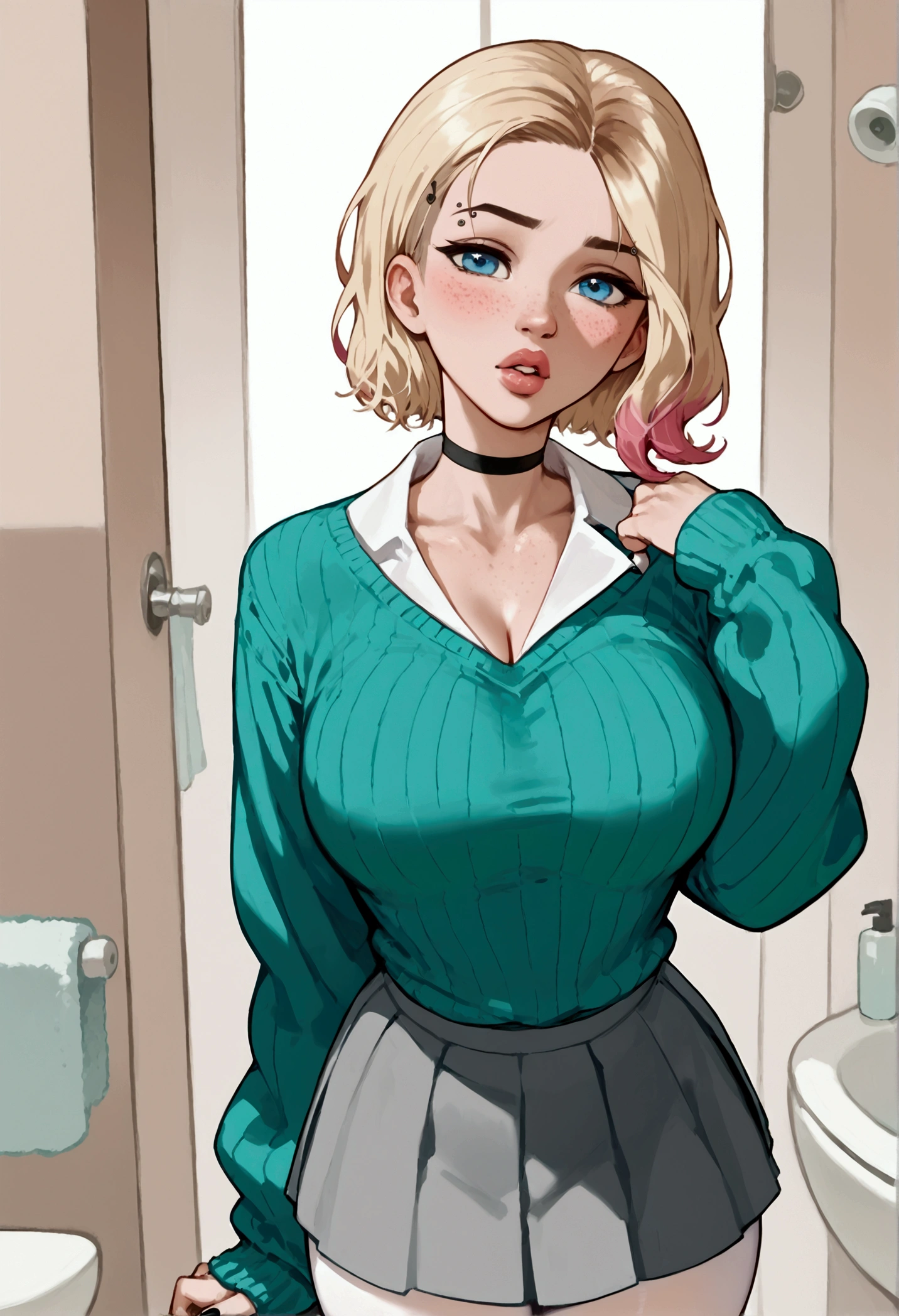 score_9, score_8_up, score_7_up, score_9, BREAK, GwenstacySDXL, 1girl,big breasts, solo, looking at viewer, blush, short hair, blue eyes, skirt, blonde hair, shirt, long sleeves, standing, collarbone, pantyhose, cowboy shot, pleated skirt, teeth, choker, collared shirt, indoors, miniskirt, medium hair, nail polish, sweater, lips, sleeves past wrists, makeup, piercing, black nails, grey skirt, freckles, white pantyhose, bathroom, green sweater, eyebrow piercing, thick lips