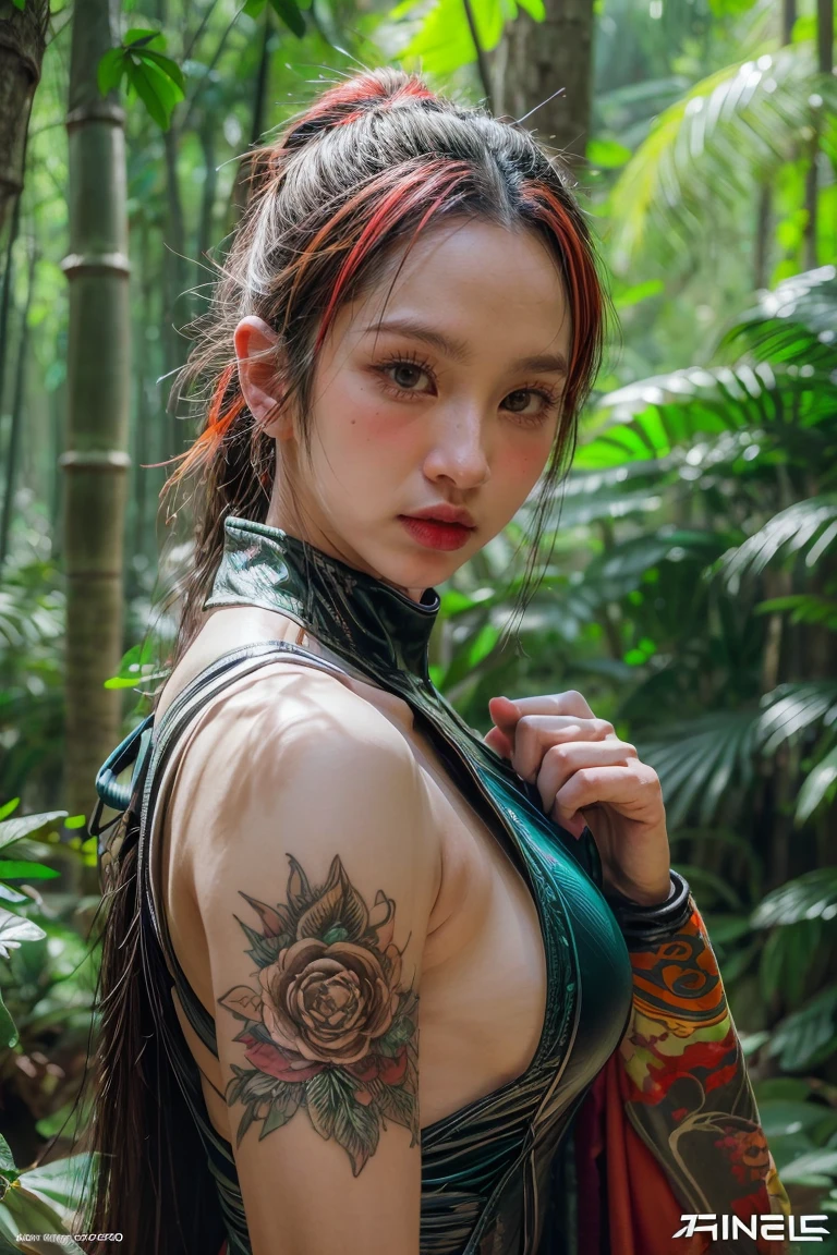 bamboo forest background，A look of determination，colorful vivid octane render, cybernetic and highly detailed, loba andrade from apex legends, created in unreal engine 5, made in unreal engine 5, trending on unreal engine 5, Antique portraits, Martial arts fantasy style 8k octane rendering, rendered in unreal 5, rendered in high octane