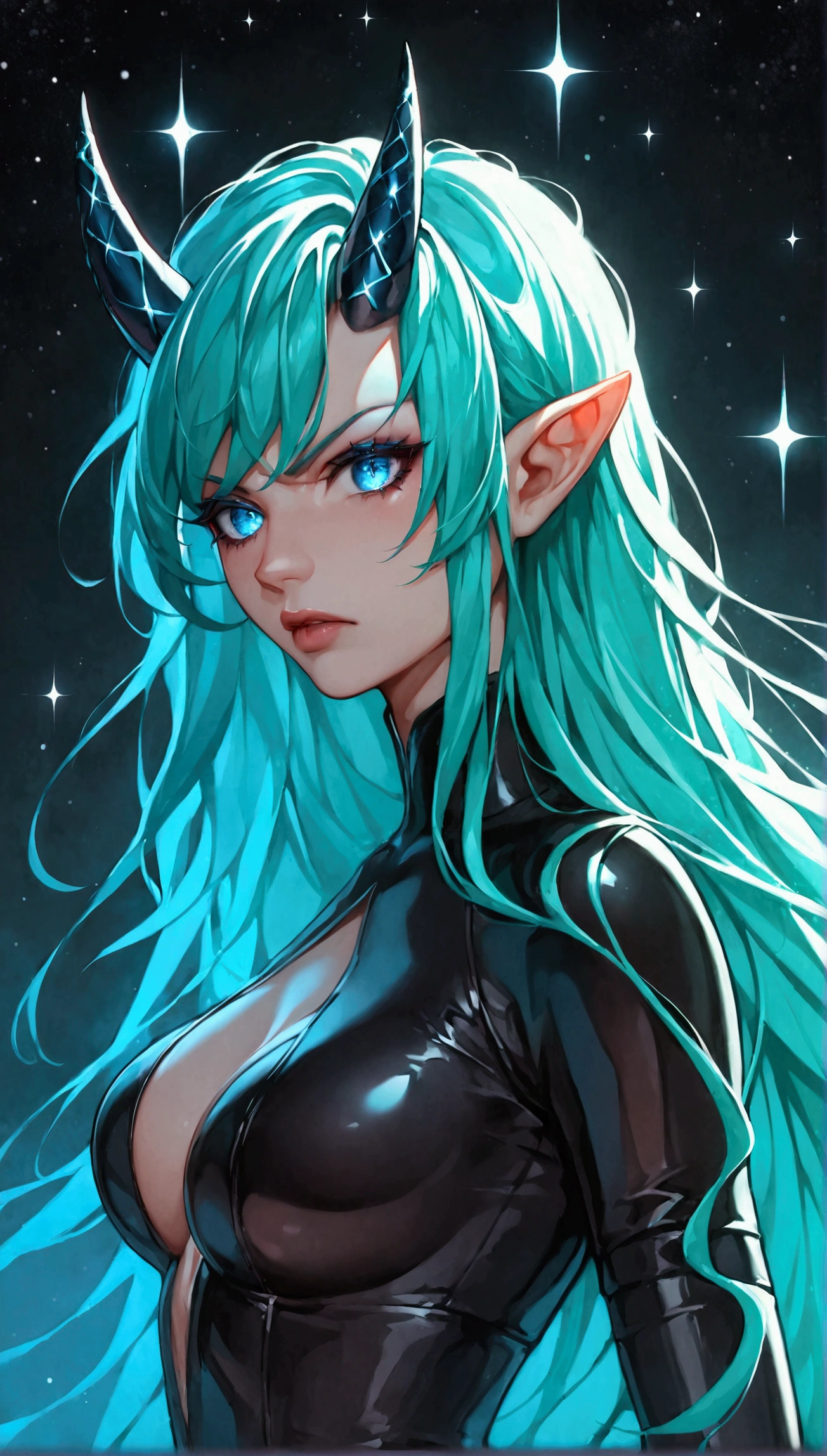 lum, 1girl, long hair, tiny horns, small horns, pointy ears, (two-tone hair, green hair, aqua hair), bangs, blue eyes, eyeshadow, Solo, thick lineart, Diamond aura, symmetrical, slender, blue fingers with sparks and electricity, long latex gloves, thigh boots, leather thigh boots, long legs, dominatrix pose, dark cosmic background, detmore, (masterpiece:1.4), (highest quality:1.2), (ultra detailed:1.3), High resolution, extremely detailed, unity 8k wallpaper, intricate details, absurdity, Sparkling, score_7_up, score_8_up, score_9_up, anime coloring, source_anime, JK, a ferocious angry girl, beautiful detailed eyes, beautiful detailed lips, extremely detailed eyes and face, long eyelashes, sharp teeth baring, dramatic angry expression, dark brooding atmosphere, dramatic lighting, dark fantasy, digital painting, cinematic, moody colors, rich textures, 8k, highres,