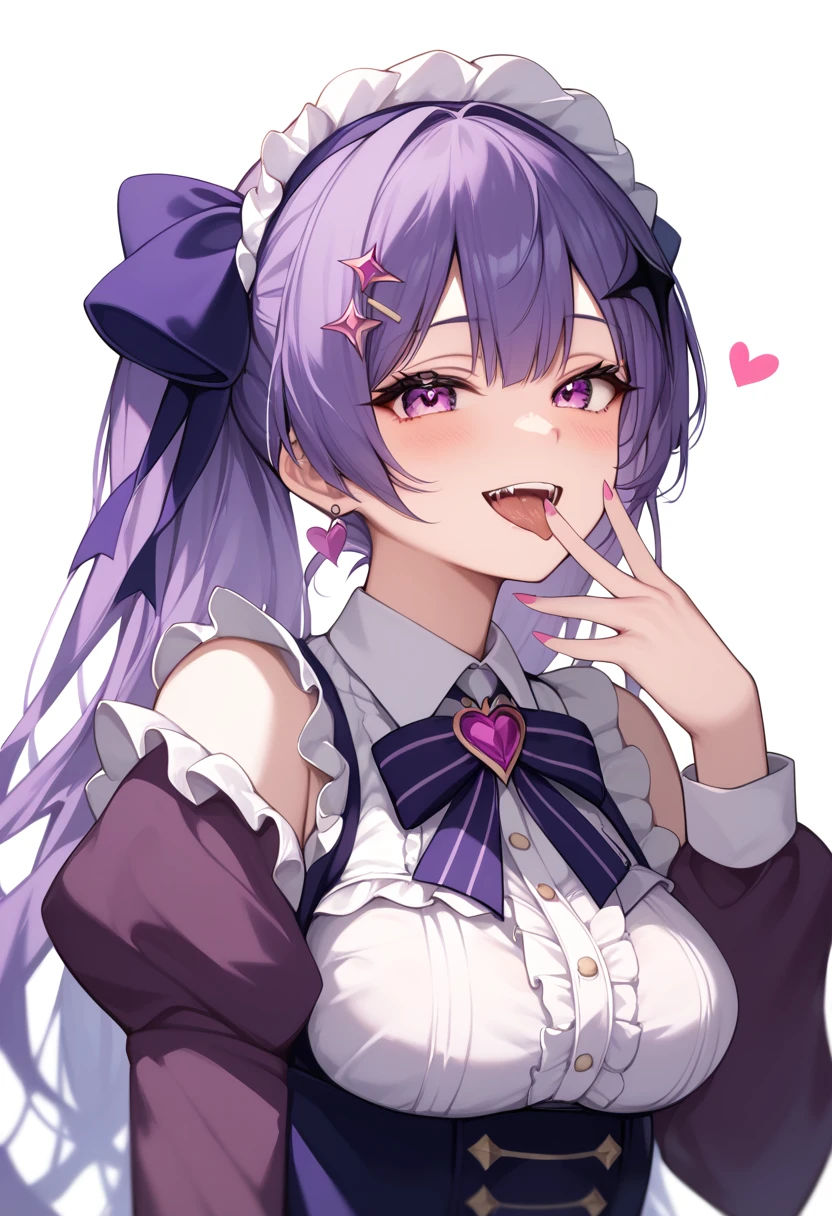 Highest Resolution、4K、delicate、1 person、girl、Color Palette(purple)、Big ribbon hair ornament、Lolita Clothing、White background、breast enhancement、Focus on the face、heart、Sexy little devil、Sexy pose、Natural five-finger