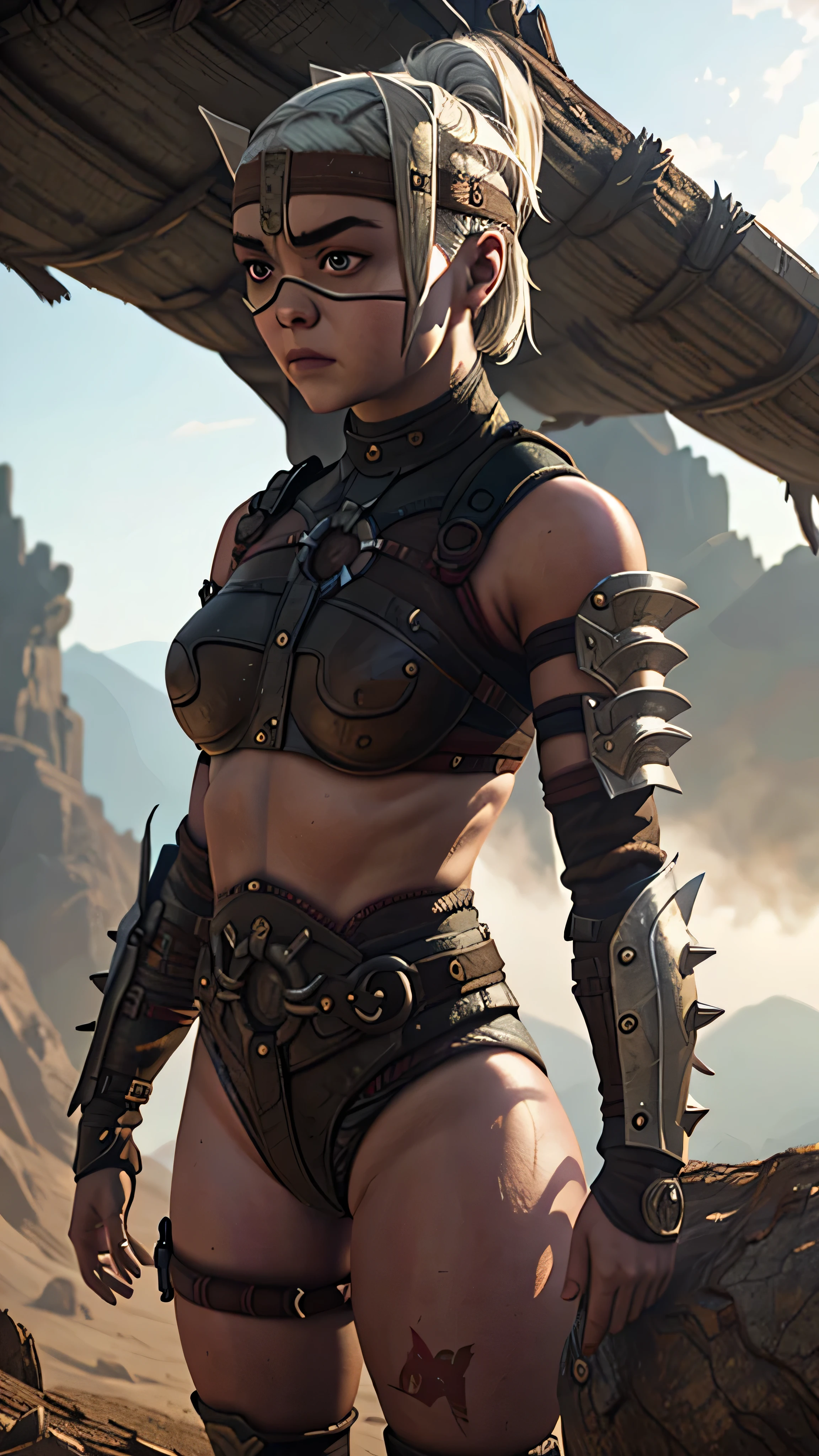 (Maisie Williams) as Ferra from Mortal Kombat, white hair, ponytail, brown eyes, armor, spikes, guantlets, armored boots, barefoot, metal headband, o-ring bikini, thigh tattoos, standing, forest, (insanely detailed, beautiful detailed face, masterpiece, best quality), cinematic lighting, 1woman, solo, full body view, front view, looking at viewer, intricate, high detail, sharp focus, dramatic, photorealistic painting art by greg rutkowski