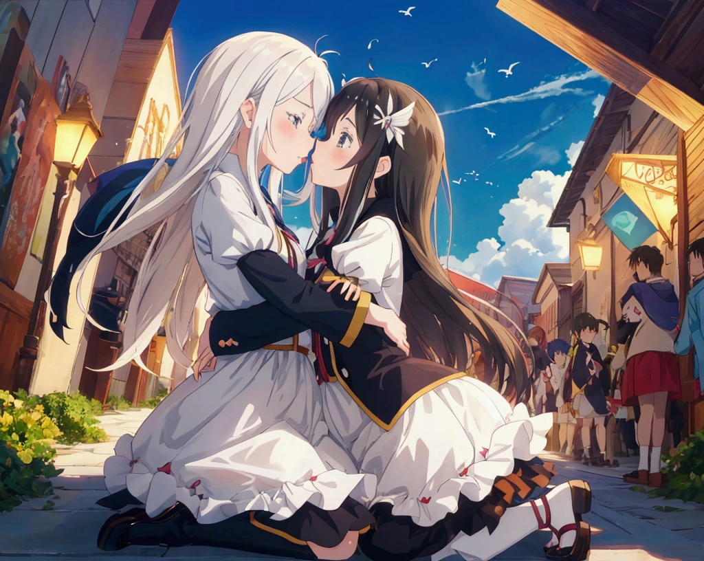 anime, kids, kids cute, couple kissing in the sky with birds flying overhead, kissing together cutely, romanticism lain, shoujo romance, sakimi chan, lovely kiss, kissing together, anime picture, in love, kissing, romantic!!!, anime, re:zero, echidna, subaru, making love, cute anime, beautiful anime, anime!!, anime wallaper, cielo hermoso, lagrimas de felicidad en la niña