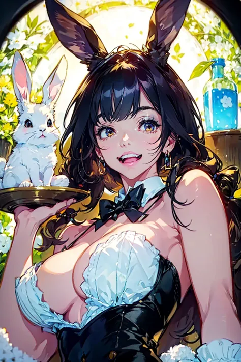 1girl and 1rabbit,cute,smile,hold a rabbit,bunny girl,sexy,bigbreast,cleavage