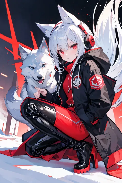 winter city,whole body,beastman,shota,wolf,headphone,long parka,pants,knee-high boots,stiletto heels with red soles,running