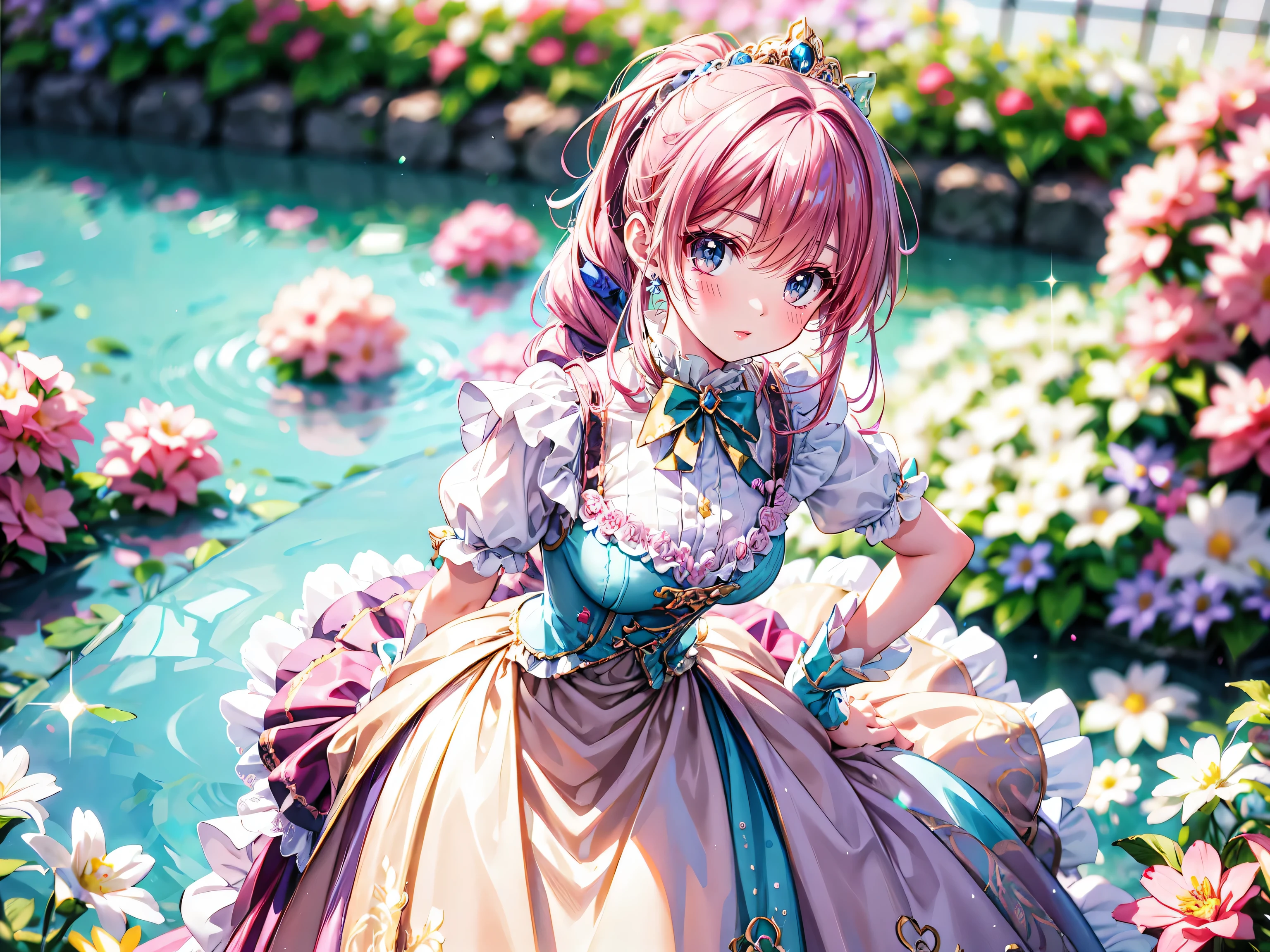 ((Masterpiece, ultra detailed, exquisite quality)), (anime moe art style:1.3), (((young face solo princess))), (incredibly cute rococo victorian gown with long hems, voluminous princess style skirt, elaborate lace gown:1.5), (huge breasts), breasts cleavage, breasts focus, ((hair pink hair)), ((fluffy long Expressive ponytail)), (leaning forward, looking up, from above, front view, facing at viewer:2), kawaii face, head tilt, shy smile, (face focus, eyes focus, blurry background, depth of field:2), (isometric 3D, octane render, ray tracing:1.5), backlighting, particle effect, (hyper detail delicate eyes, hyper beautiful eyes), (eyes blue eyes), (lot's of colorful flowers, sparkling glass classic greenhouse:1.5),