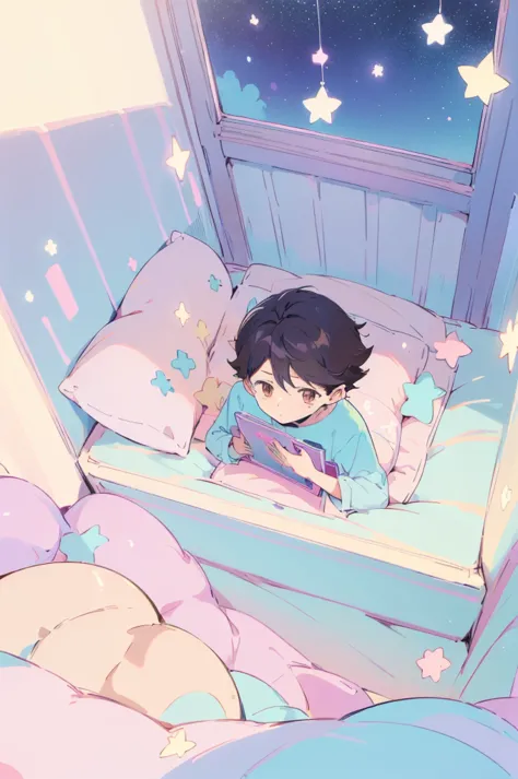 2 boys,((2 boys sitting on bed)), black hair,reading a book, bedroom, cute room,((pastel colors)),kawaiitech,cute colors,kawaii,...