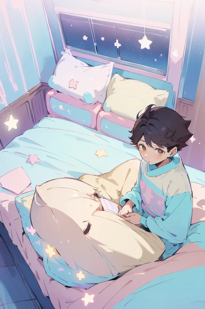 2 boys,((2 boys sitting on bed)), black hair,reading a book, bedroom, cute room,((pastel colors)),kawaiitech,cute colors,kawaii,stars are hanging above bed,bedtime stories,pillows,soft toys,bedcover,masterpiece,((ultra detailed)),flat coloring,cute flat colors,(((view from above))),oikawa tooru,brown hair,brown eyes,looking at viewer