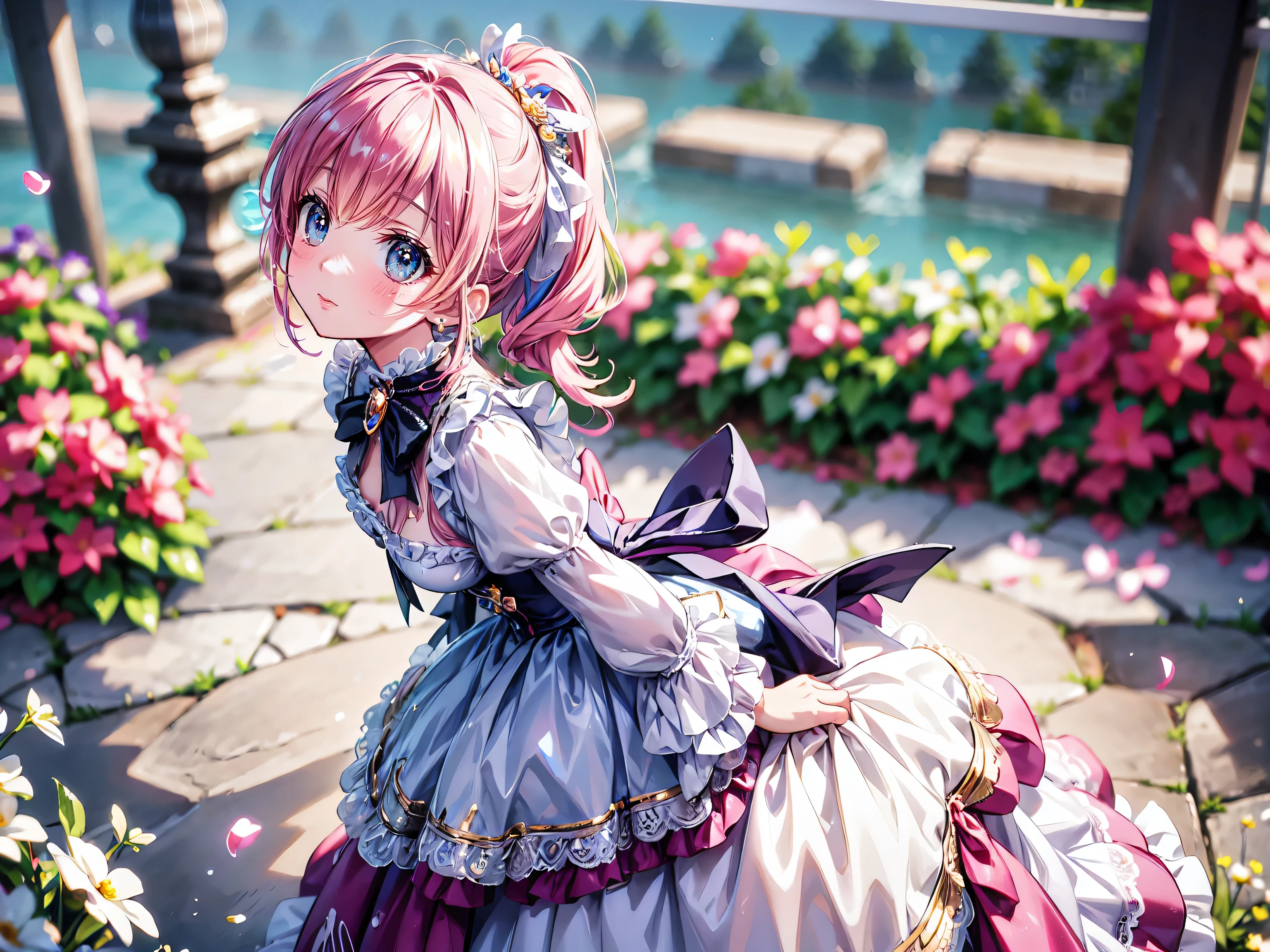 ((Masterpiece, ultra detailed, exquisite quality)), (anime moe art style:1.3), (((young face solo princess))), (((incredibly cute rococo victorian gown with long hems, voluminous princess style skirt, elaborate lace gown))), (huge breasts), breasts cleavage, ((hair pink hair)), ((fluffy long Expressive ponytail)), (leaning forward, looking up, from above, front view, facing at viewer:2), kawaii face, head tilt, shy smile, (face focus, eyes focus, blurry background, depth of field:2), (isometric 3D, octane render, ray tracing:1.5), backlighting, particle effect, (hyper detail delicate eyes, hyper beautiful eyes), (eyes blue eyes), (lot's of colorful flowers, sparkling glass classic greenhouse:1.5),