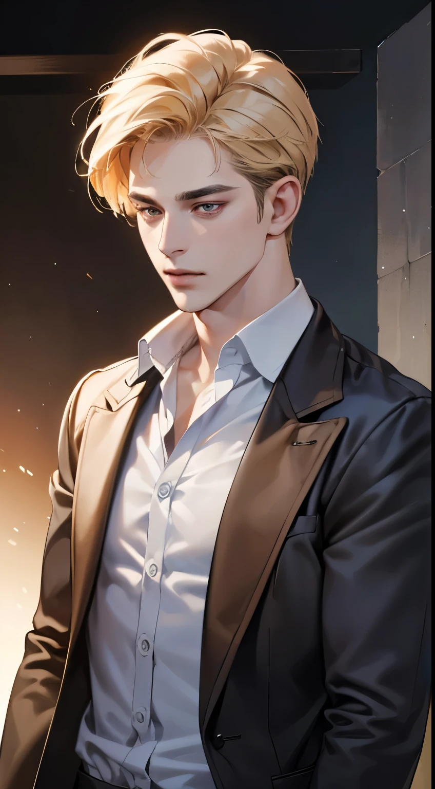 (best quality, masterpiece, 8K, photorealistic, cinematic lighting, 1:4 hdr image, ultra detailed, beautiful image), a mature man, 34 years very handsome, ((cold expression)), short golden hair, red eyes, face perfect without mistakes, ((buttoning his jacket, CEO))